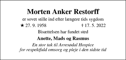Dødsannoncen for Morten Anker Restorff - Allerød