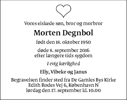 Dødsannoncen for Morten Degnbol - Copenhagen