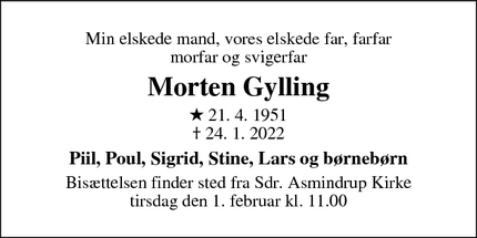 Dødsannoncen for Morten Gylling - Vipperød 