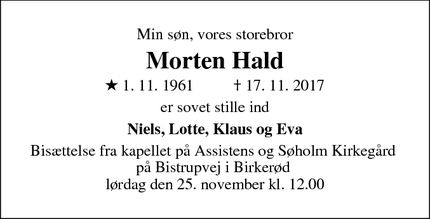 Dødsannoncen for Morten Hald - Holte