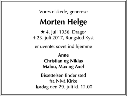 Dødsannoncen for Morten Helge - Rungsted Kyst