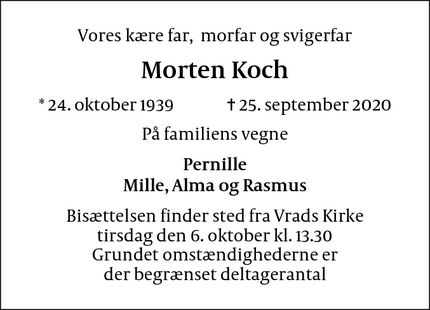 Dødsannoncen for Morten Koch  - Svendborg 