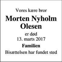 Dødsannoncen for Morten Nyholm Olesen - Orø