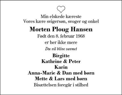 Dødsannoncen for Morten Ploug Hansen - Høstrup