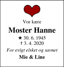 Dødsannoncen for Moster Hanne - Suldrup