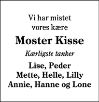Dødsannoncen for Moster Kisse - Nørre Vejrup