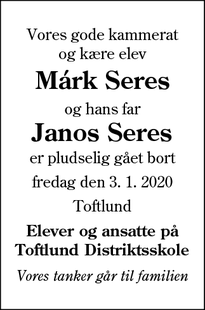 Dødsannoncen for Márk Seres - Toftlund