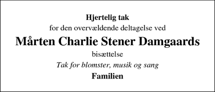 Taksigelsen for Mårten Charlie Stener Damgaards - København