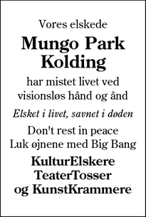 Dødsannoncen for Mungo Park Kolding - Kolding 