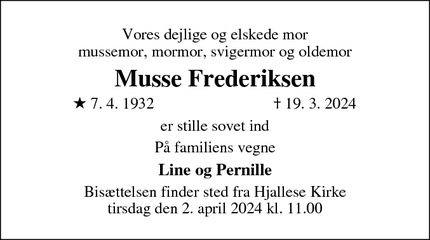 Dødsannoncen for Musse Frederiksen - Odense