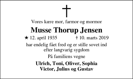 Dødsannoncen for Musse Thorup Jensen - Vejle