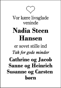 Dødsannoncen for Nadia Steen Hansen - Herning