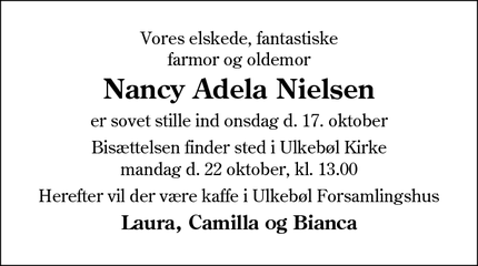 Dødsannoncen for Nancy Adela Nielsen - sønderborg