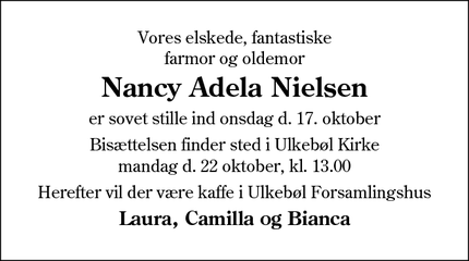 Dødsannoncen for Nancy Adela Nielsen - sønderborg