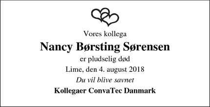 Dødsannoncen for Nancy Børsting Sørensen - Lime