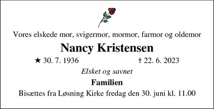 Dødsannoncen for Nancy Kristensen - Brædstrup
