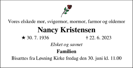 Dødsannoncen for Nancy Kristensen - Brædstrup
