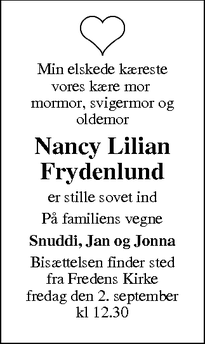 Dødsannoncen for Nancy Lilian Frydenlund - Odense