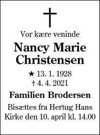 Dødsannoncen for Nancy Marie Christensen - Haderslev