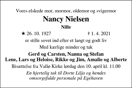 Dødsannoncen for Nancy Nielsen - Strøby Egede