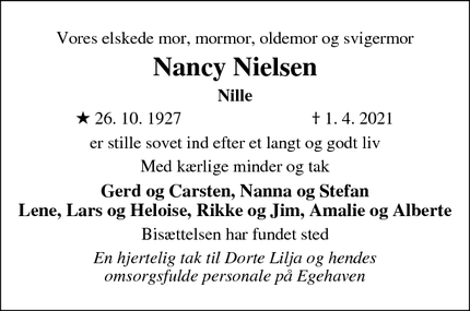 Dødsannoncen for Nancy Nielsen - Strøby Egede