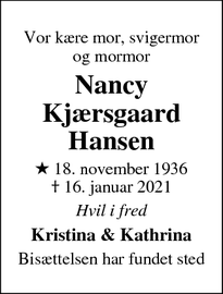 Dødsannoncen for Nancy
Kjærsgaard
Hansen - Ringsted