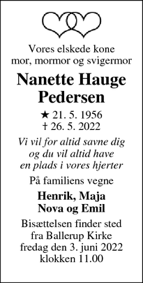 Dødsannoncen for Nanette Hauge Pedersen - Ballerup