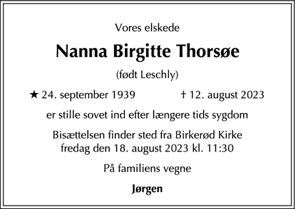 Dødsannoncen for Nanna Birgitte Thorsøe - Birkerød