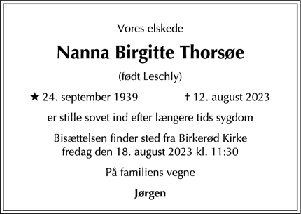 Dødsannoncen for Nanna Birgitte Thorsøe - Birkerød