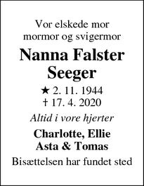Dødsannoncen for Nanna Falster Seeger - Charlottenlund