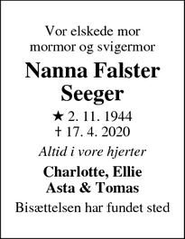 Dødsannoncen for Nanna Falster Seeger - Charlottenlund