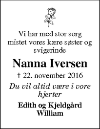 Dødsannoncen for Nanna Iversen - Tarm