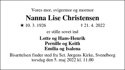 Dødsannoncen for Nanna Lise Christensen - Svendborg