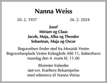 Dødsannoncen for Nanna Weiss - Hellerup