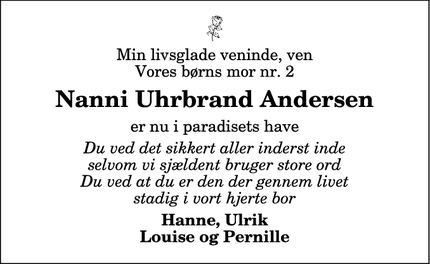 Dødsannoncen for Nanni Uhrbrand Andersen - 7700 Thisted