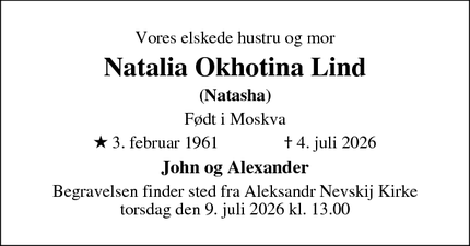 Dødsannoncen for Natalia Okhotina Lind - København