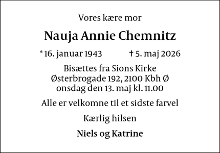 Dødsannoncen for Nauja Annie Chemnitz - København V