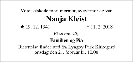 Dødsannoncen for Nauja Kleist - Hellerup