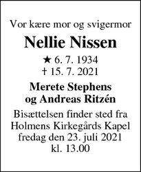 Dødsannoncen for Nellie Nissen - Ordrup