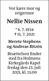 Dødsannoncen for Nellie Nissen - Ordrup