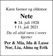 Dødsannoncen for Nete - Nyker (Rønne)