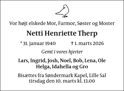 Dødsannoncen for Netti Henriette Therp - KØBENHAVN K