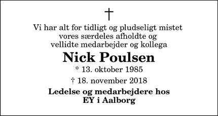 Dødsannoncen for Nick Poulsen - Aalborg