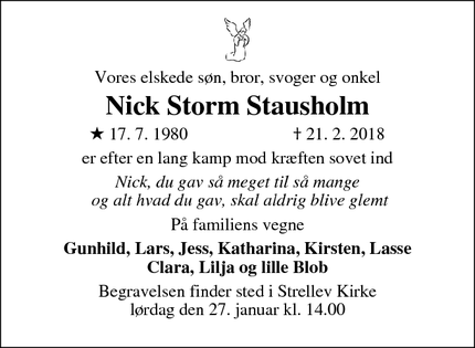 Dødsannoncen for Nick Storm Stausholm - Sabro