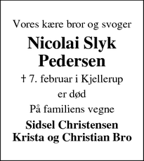 Dødsannoncen for Nicolai Slyk
Pedersen - Ringkøbing