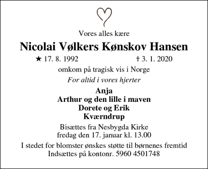 Dødsannoncen for Nicolai Vølkers Kønskov Hansen - Kværndrup