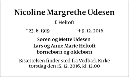 Dødsannoncen for Nicoline Margrethe Udesen - Vedbæk