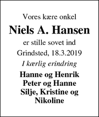 Dødsannoncen for Niels A. Hansen - Grindsted