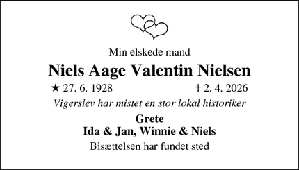 Dødsannoncen for Niels Aage Valentin Nielsen - Valby/Vigerslev