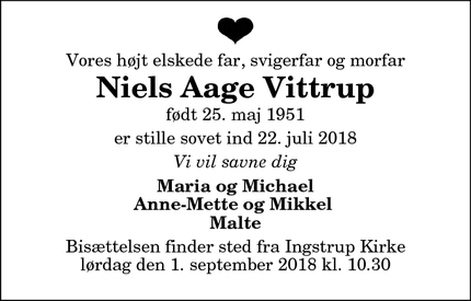 Dødsannoncen for Niels Aage Vittrup - Kolding
